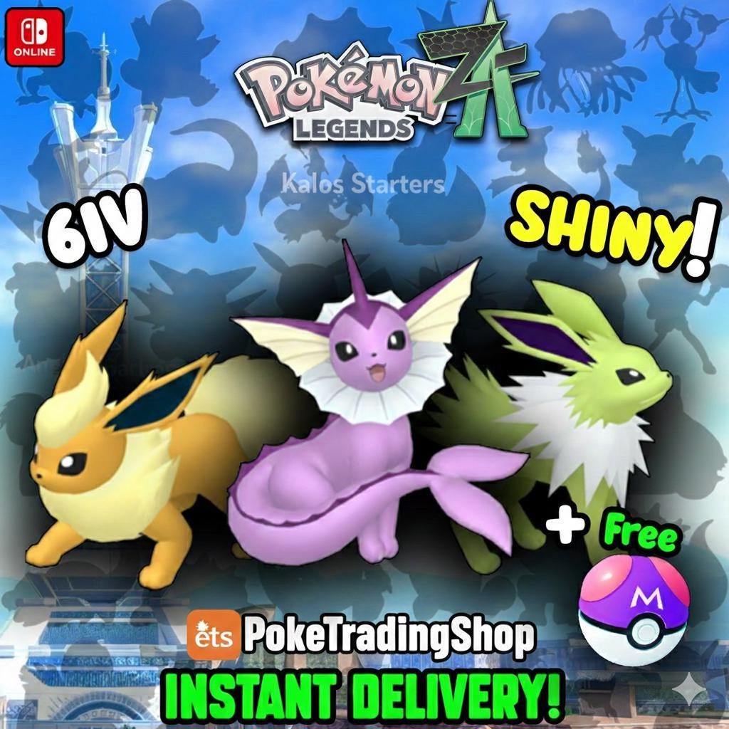 Pokemon ZA Shiny Eeveelution Trio Eevee Vaporeon Jolteon 6IV Custom Battle Ready - Pokémon Legends: Z-A digital Pokémon trade