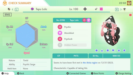 Shiny TAPU LELE Pokémon HOME 6IV Competitive Battle Ready - Pokémon Scarlet & Violet digital Pokémon trade by PokeTradingShop
