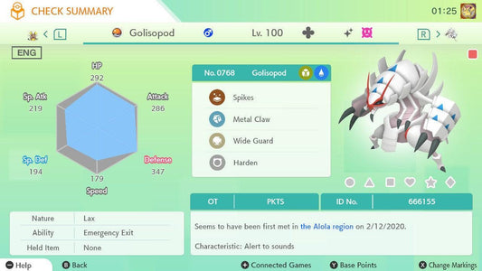 Shiny GOLISOPOD Pokémon HOME 6IV Competitive Battle Ready - Pokémon Scarlet & Violet digital Pokémon trade by PokeTradingShop