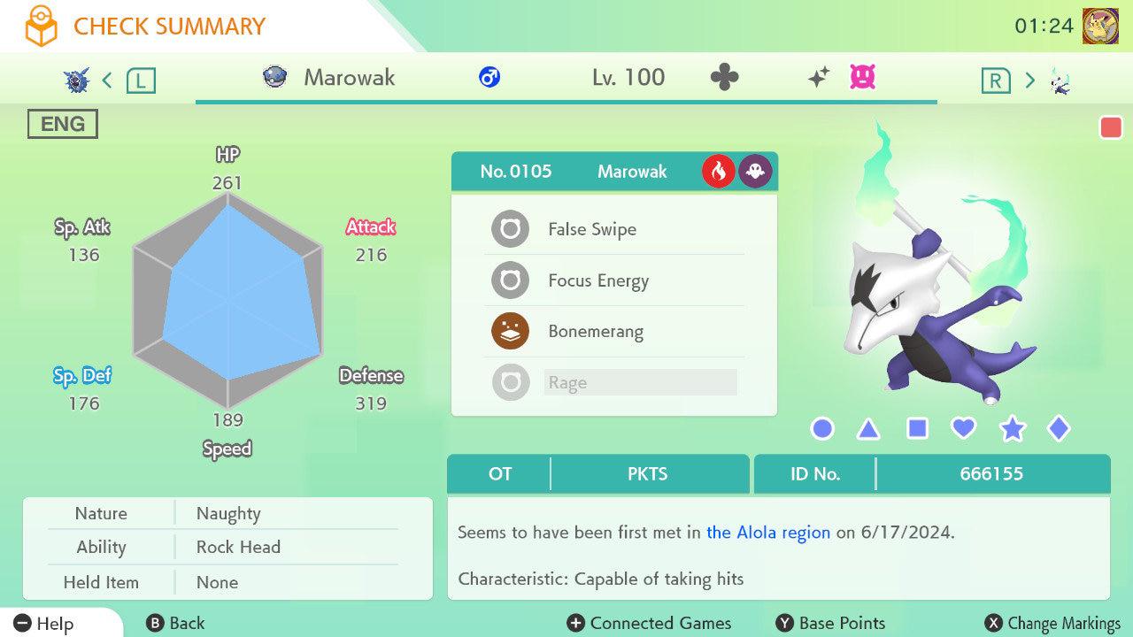 Shiny Alolan MAROWAK Pokémon HOME 6IV Competitive Battle Ready - Pokémon Scarlet & Violet digital Pokémon trade by