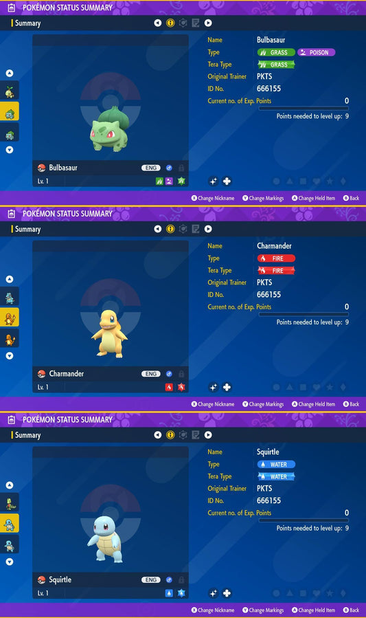 SHINY Bulbasaur, Charmander, Squirtle Bundle Pack 6IV EV Pokémon Scarlet and - Pokémon Scarlet & Violet digital Pokémon trade