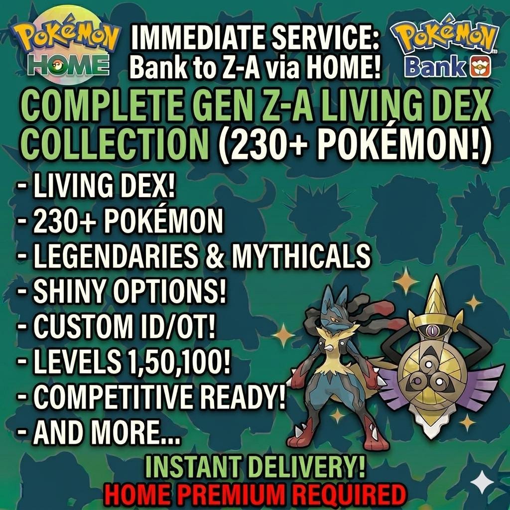 Pokemon ZA Complete Living Dex Shiny Kalos Region Pokédex Gen 6 3DS All Forms - Pokémon Legends: Z-A digital Pokémon trade by