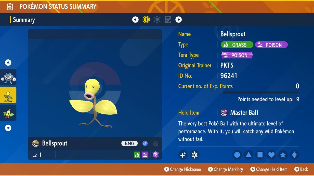 Pokemon Scarlet and Violet Shiny BELLSPROUT 6IV Competitive Battle Ready - Pokémon Scarlet & Violet digital Pokémon trade