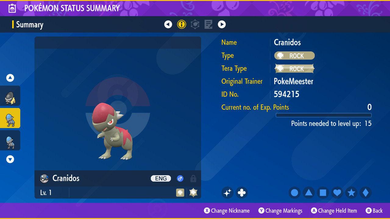 Shiny CRANIDOS Pokémon Scarlet and Violet 6IV Competitive Battle Ready - Pokémon Scarlet & Violet digital Pokémon trade by