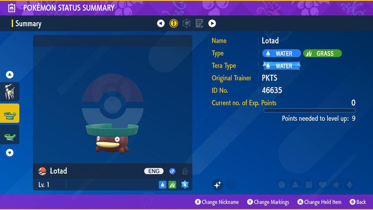 Shiny LOTAD Pokémon Scarlet Violet 6IV Competitive Battle Ready - Pokémon Scarlet & Violet digital Pokémon trade by