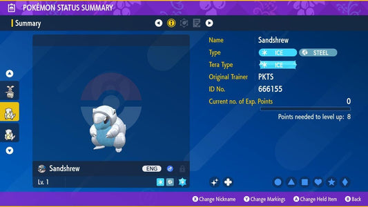 Shiny Alolan Sandschrew Pokémon Scarlet and Violet 6IV Pokemon Legend ZA - Pokémon Scarlet & Violet digital Pokémon trade by