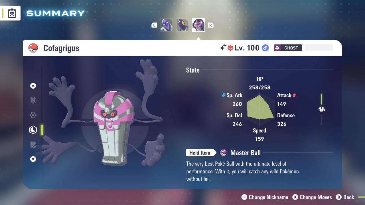 Shiny Alpha Cofagrigus 6IV Competitive Battle Ready - Pokémon Legends: Z-A digital Pokémon trade by PokeTradingShop