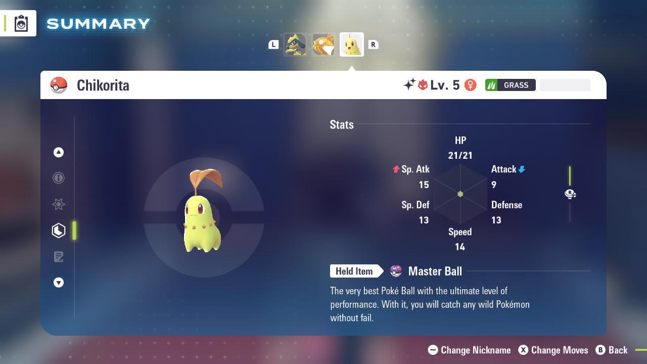 Pokemon Za Lvl 5 Modest SHINY ALPHA 6IV Chikorita Pokémon Legends ZA 6IV - Pokémon Legends: Z-A digital Pokémon trade image 2