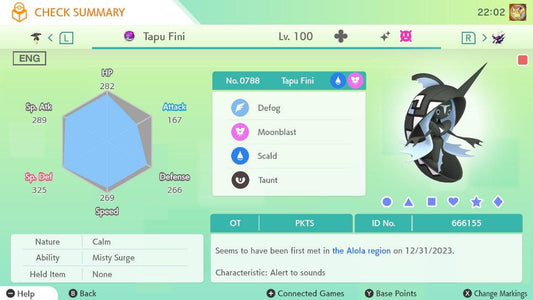 Shiny TAPU FINI Pokémon HOME 6IV Competitive Battle Ready - Pokémon Scarlet & Violet digital Pokémon trade by PokeTradingShop
