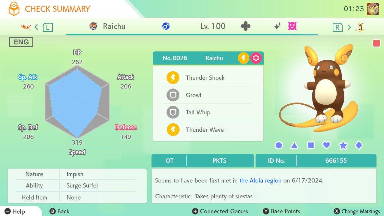 Shiny Alolan RAICHU Pokémon HOME 6IV Competitive Battle Ready - Pokémon Scarlet & Violet digital Pokémon trade by
