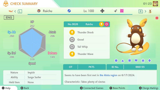 Shiny Alolan RAICHU Pokémon HOME 6IV Competitive Battle Ready - Pokémon Scarlet & Violet digital Pokémon trade by