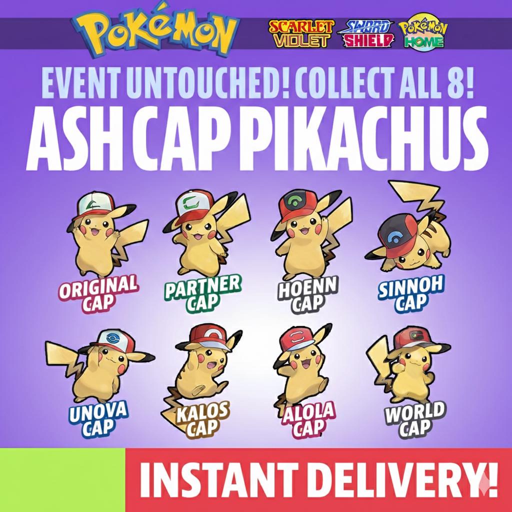 8 Ash Cap Pikachu Set for Pokemon 30th Anniversary Event Untouched Home Transfer - Pokémon HOME digital Pokémon trade by