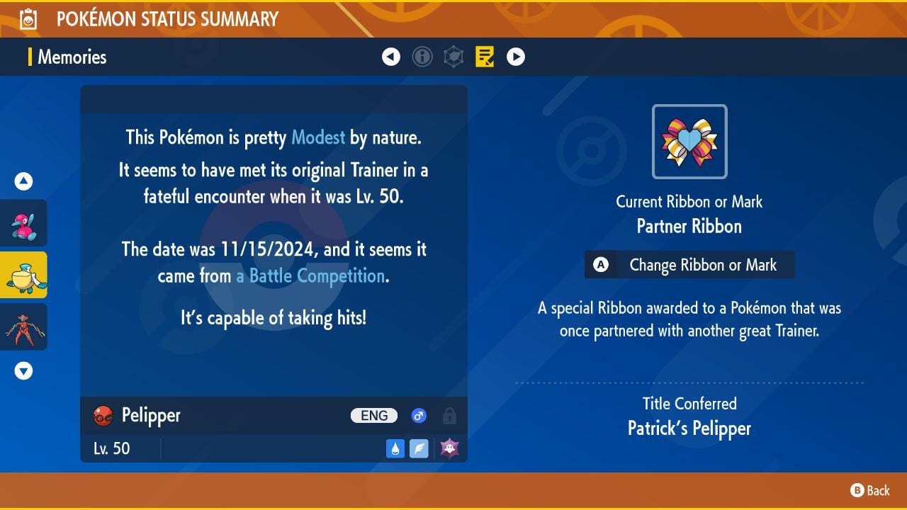 Pokemon Scarlet and Violet Shiny 6IV Event Patrick Connors Pelipper 6IV - Pokémon Scarlet & Violet digital Pokémon trade