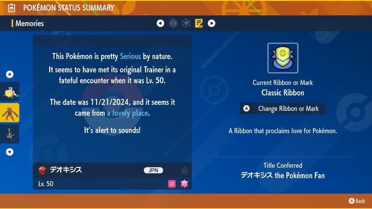 Shiny Event 241122 Japanese Deoxys Pokémon Legends ZA 6IV Competitive Battle Ready - Pokémon Scarlet & Violet digital Pokémon