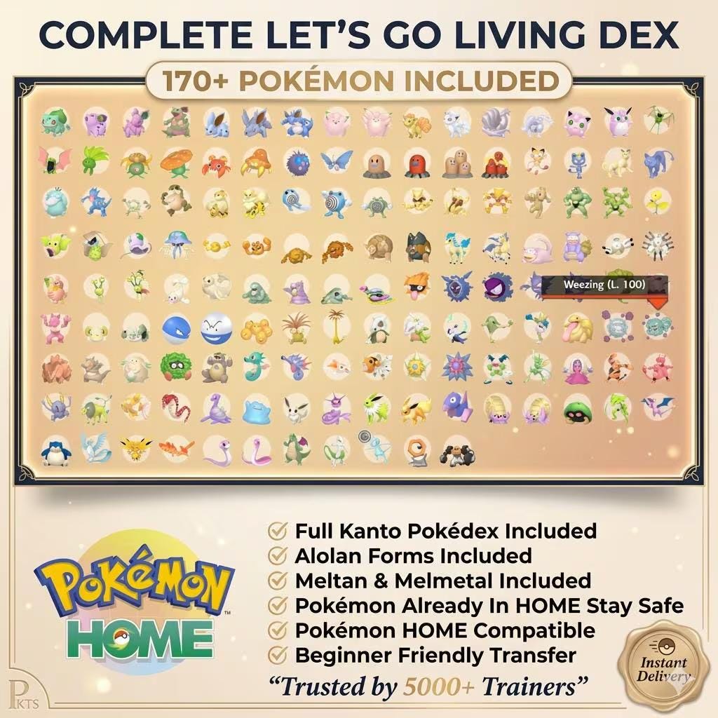 Complete Lets Go Pikachu Eevee Living Dex Pokémon HOME Kanto Pokedex - Pokémon Let's Go Pikachu & Eevee digital Pokémon trade