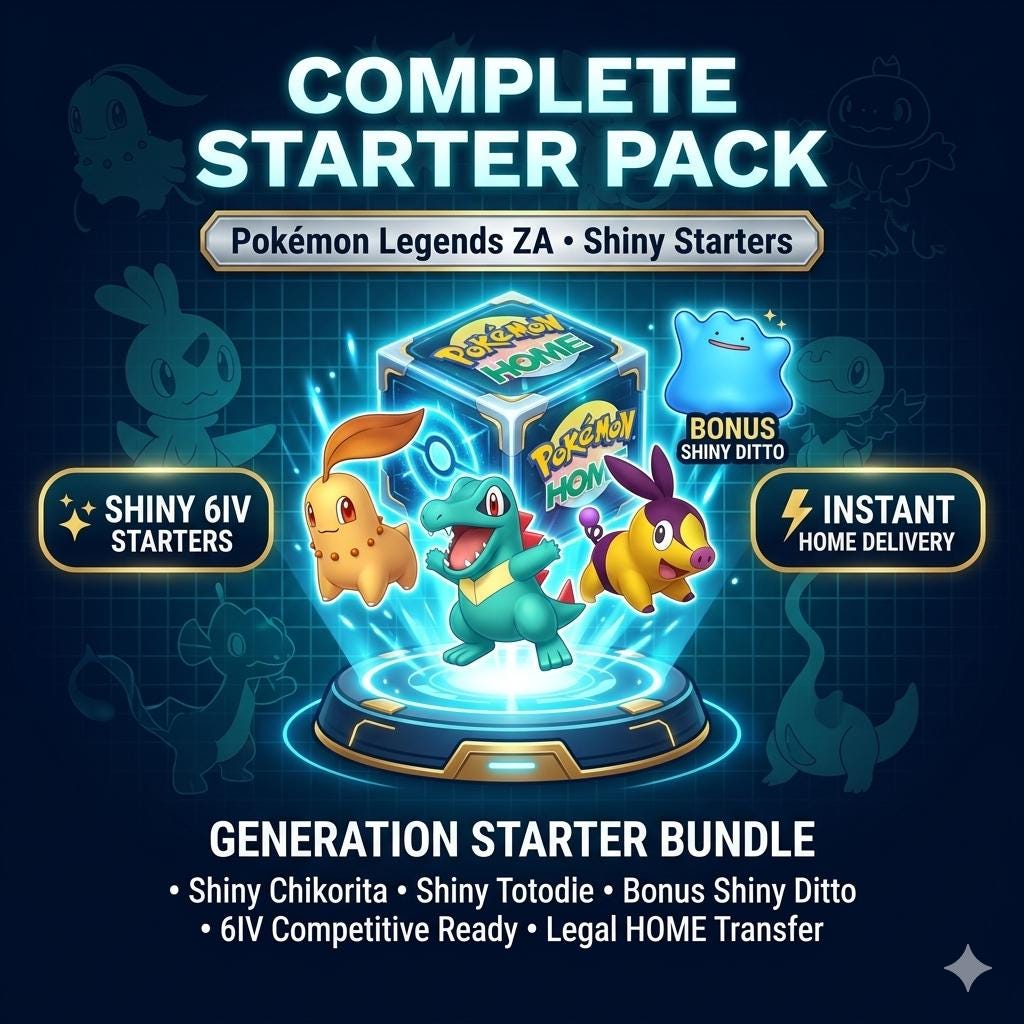 HOME TRANSFER Pokémon Legends Za Shiny Starter Pack + Masuda Ditto Chikorita, Totodile, Tepig
