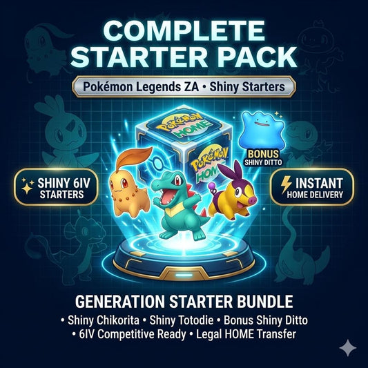 HOME TRANSFER Pokémon Legends Za Shiny Starter Pack + Masuda Ditto Chikorita, Totodile, Tepig