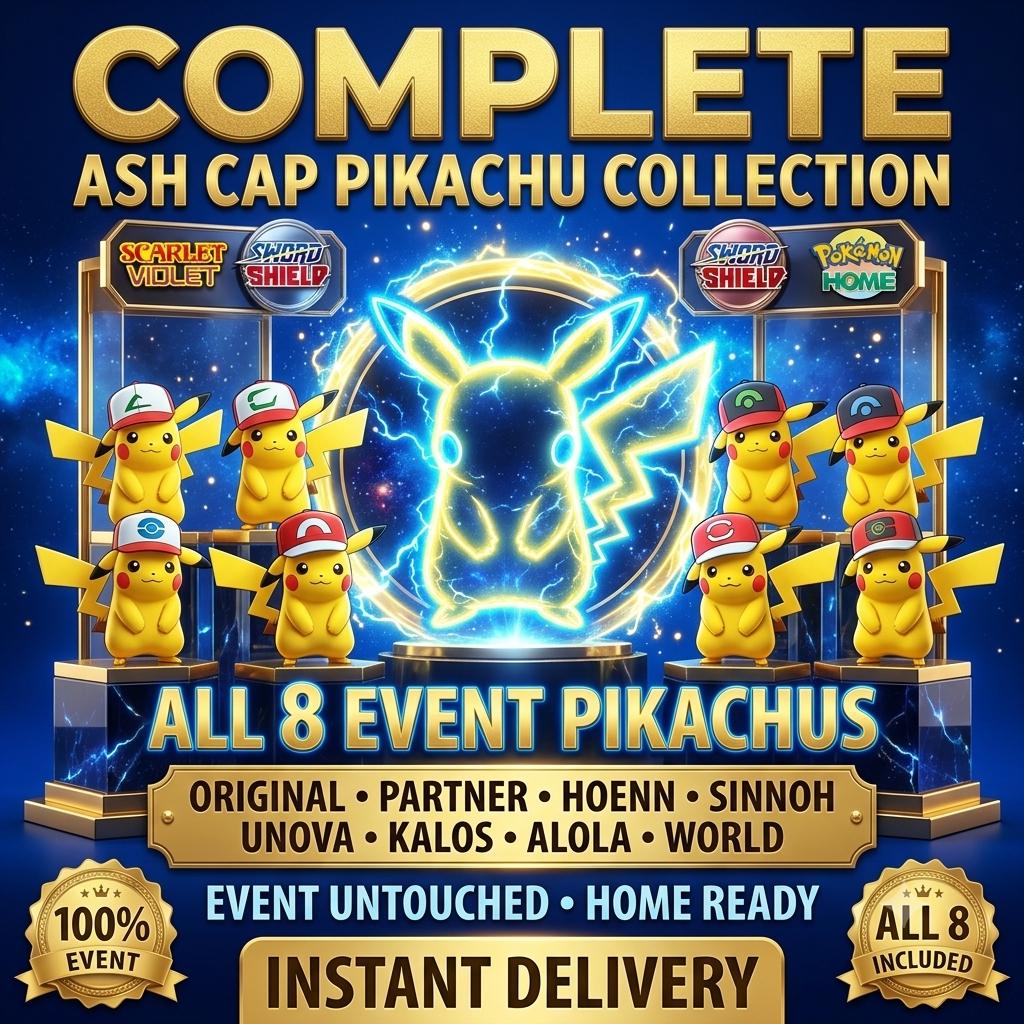 8 Ash Cap Pikachu Set for Pokemon 30th Anniversary Event Untouched Home Transfer Pokedex