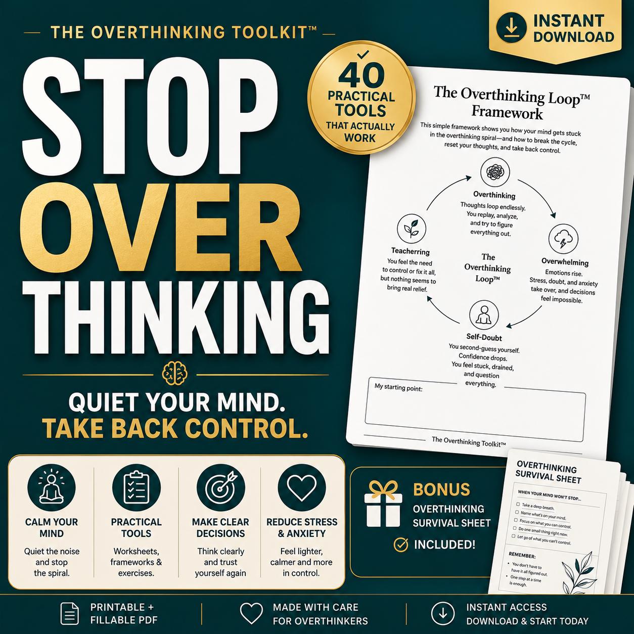 Overthinking Toolkit, Stop Overthinking Workbook Anxiety Relief PDF Racing Mind & Rumination Tools Calm Your Mind Brain Dump Worry Journal - PokeTradingShop