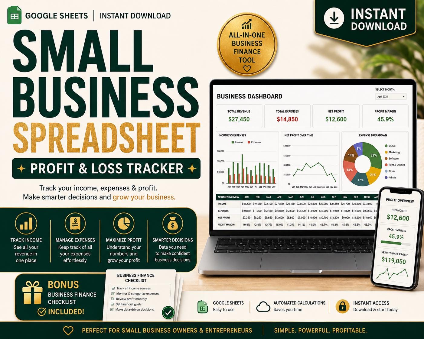 Small Business Spreadsheet Profit and Expense Tracker with Bookkeeping Dashboard Cash Flow for Freelancers Self Employed Google Sheets Excel - PokeTradingShop