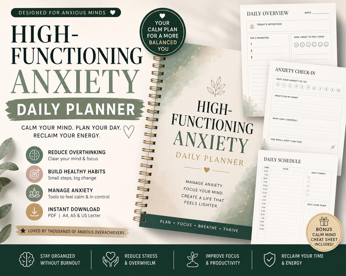 High Functioning Anxiety Daily Planner PDF Overthinking & People Pleasing Planner Boundary Setting Workbook Printable Self Care Planner - PokeTradingShop