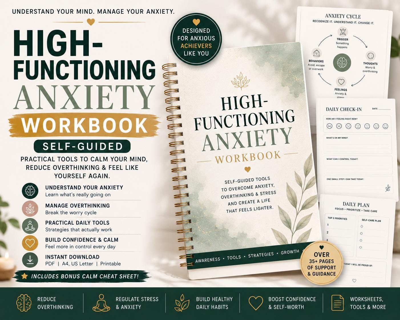 High Functioning Anxiety Workbook Self Audit Overthinking People Pleasing Boundaries PDF - PokeTradingShop