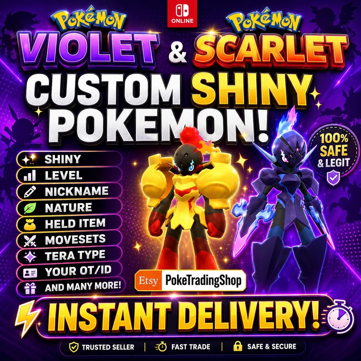 Pokémon Scarlet Violet Custom Shiny Pokémon Any Choice Battle Ready Instant Switch Trade