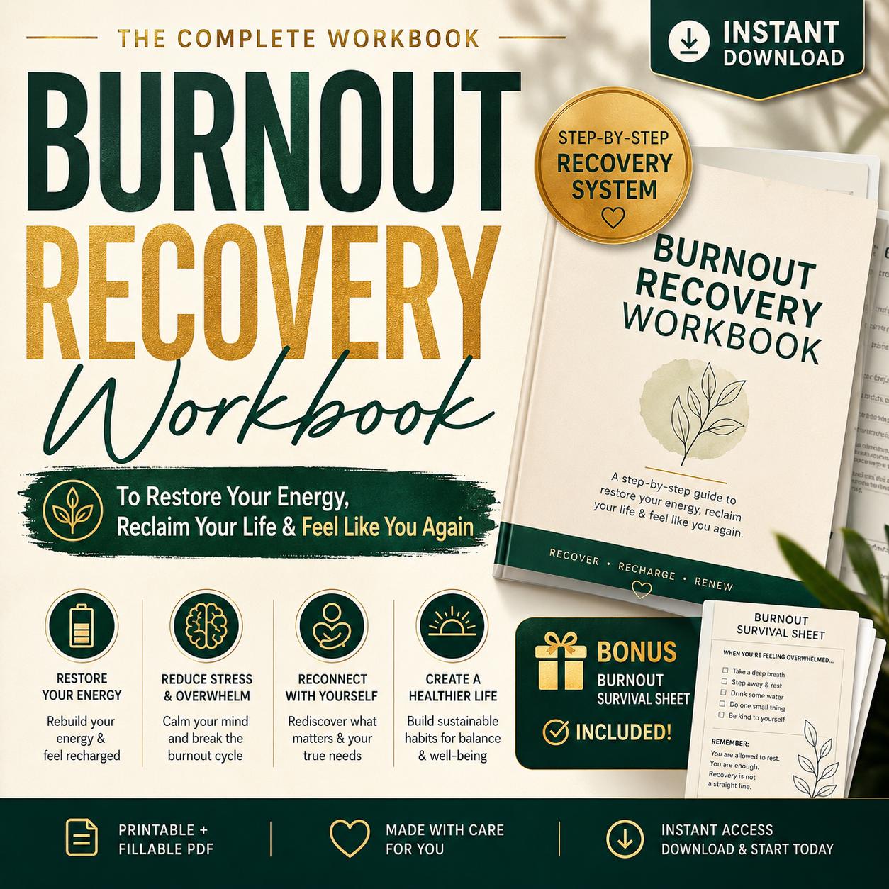 Burnout Recovery Workbook to Restore Your Energy and Rest Without Guilt Gentle Self Care Journal for Exhaustion Overwhelm Emotional Burnout - PokeTradingShop