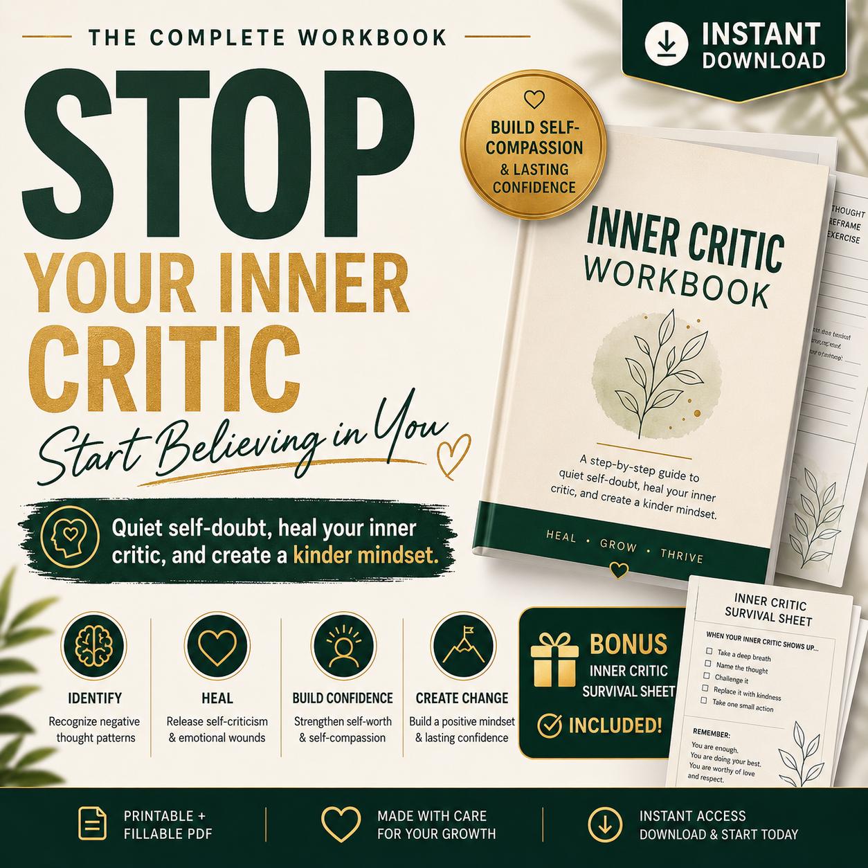Inner Critic Workbook to Stop Negative Self Talk and Build Self Worth Self Esteem and Self Compassion Journal for Feeling Not Good Enough - PokeTradingShop
