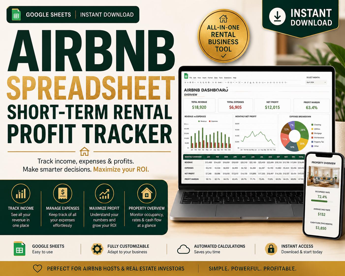 Airbnb Spreadsheet Short Term Rental Tracker Income Expense Profit Dashboard for Airbnb Hosts VRBO Hosts Google Sheets Excel - PokeTradingShop