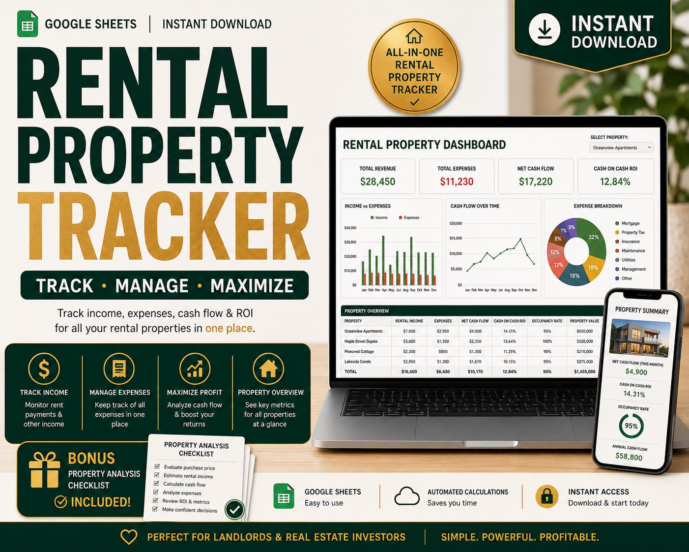 Rental Property Tracker Spreadsheet Landlord Income and Expense Cash Flow and ROI Dashboard for Real Estate Investors Google Sheets Excel - PokeTradingShop