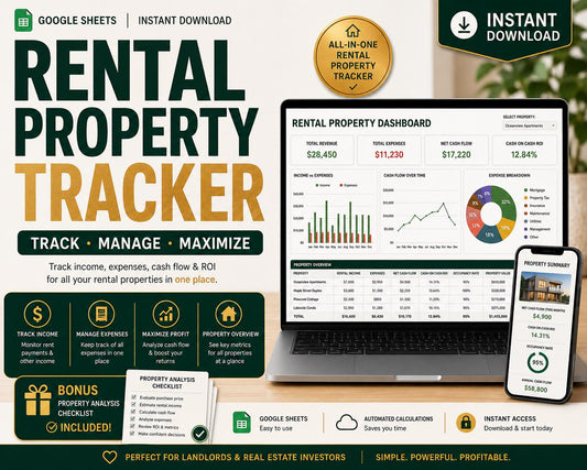 Rental Property Tracker Spreadsheet Landlord Income and Expense Cash Flow and ROI Dashboard for Real Estate Investors Google Sheets Excel - PokeTradingShop