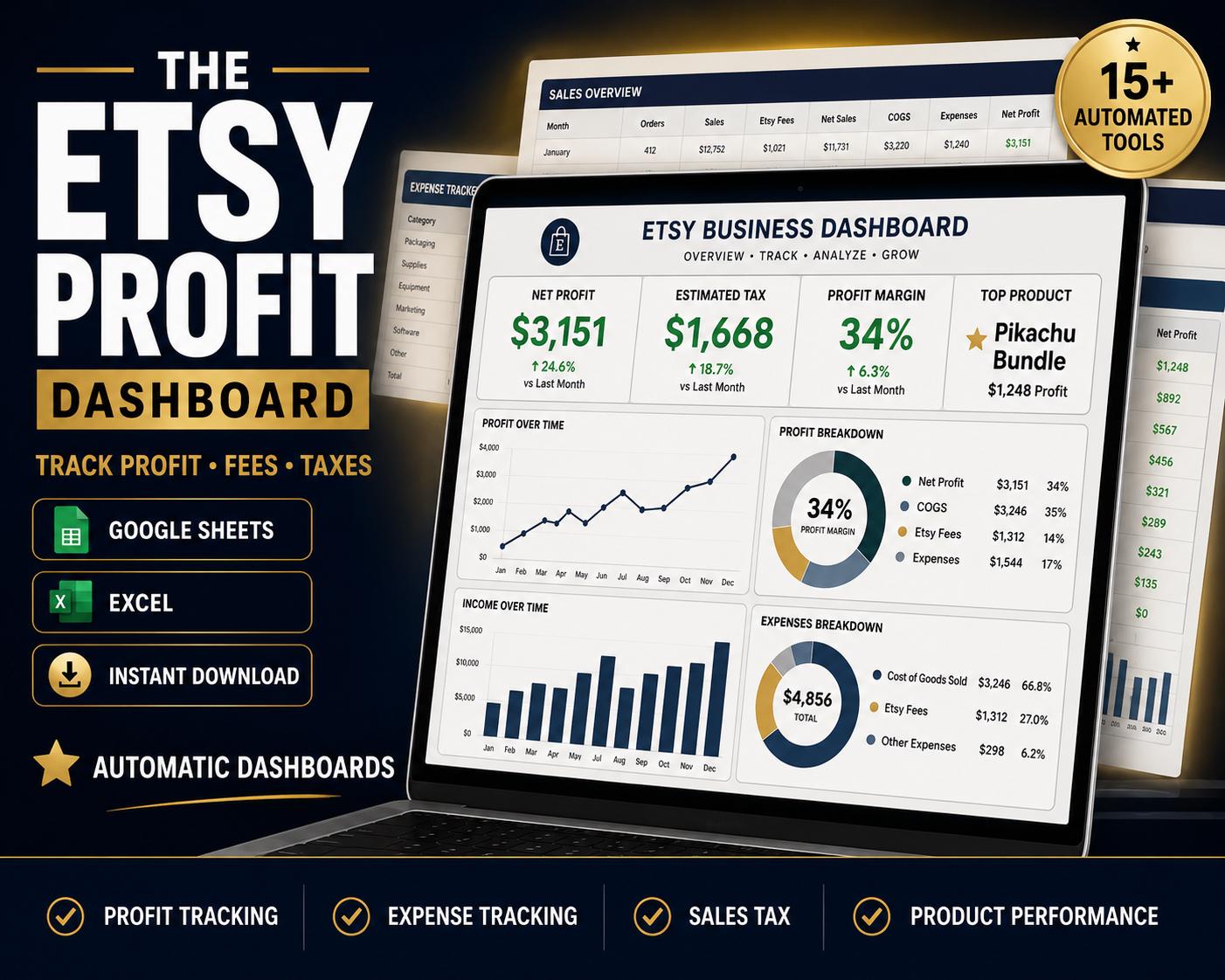 Etsy Bookkeeping Spreadsheet Profit Tracker Sales Tax Dashboard for Etsy Sellers Small Business Income Expense Tracker Google Sheets Excel - PokeTradingShop
