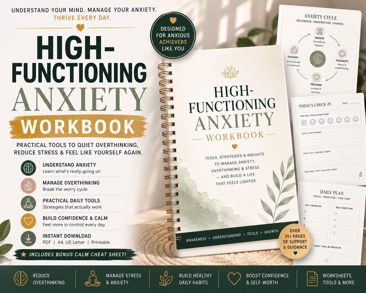 High Functioning Anxiety Workbook Printable PDF Stop Overthinking People Pleasing Boundaries Emotional Exhaustion Self Help - PokeTradingShop