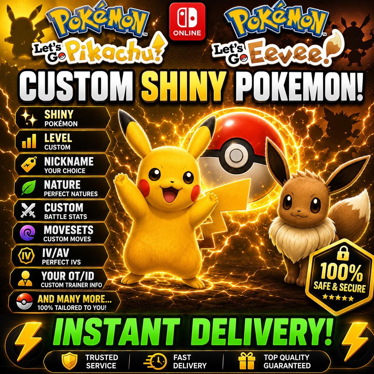CUSTOM SHINY POKEMON Lets Go Pikachu Eevee Pokopia Ready Any Species Battle Ready 6IV Custom Ot