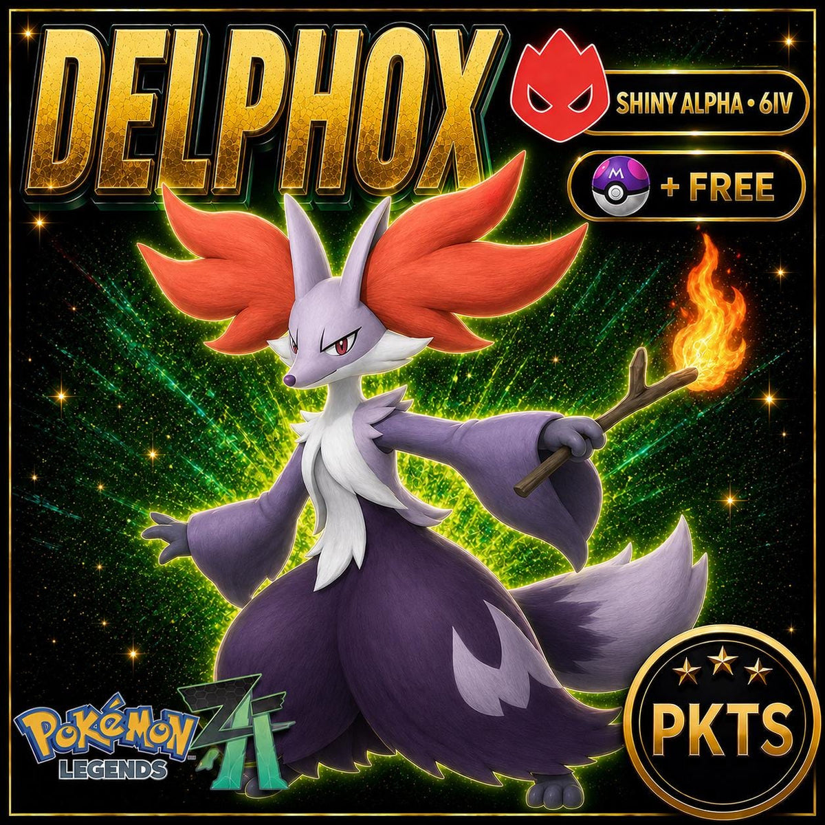 Pokemon Za ALPHA Shiny 6IV Delphox + Mega Stone Delphoxite Competitive Battle Ready Any Held