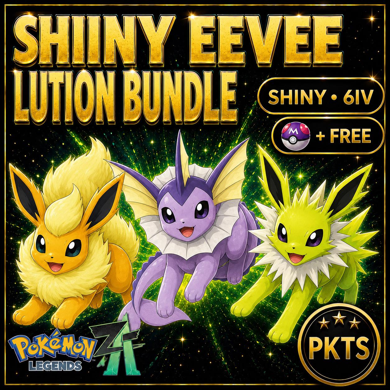 Pokemon ZA Shiny Eeveelution Trio Eevee Vaporeon Jolteon 6IV Custom Battle Ready Bundle Unique