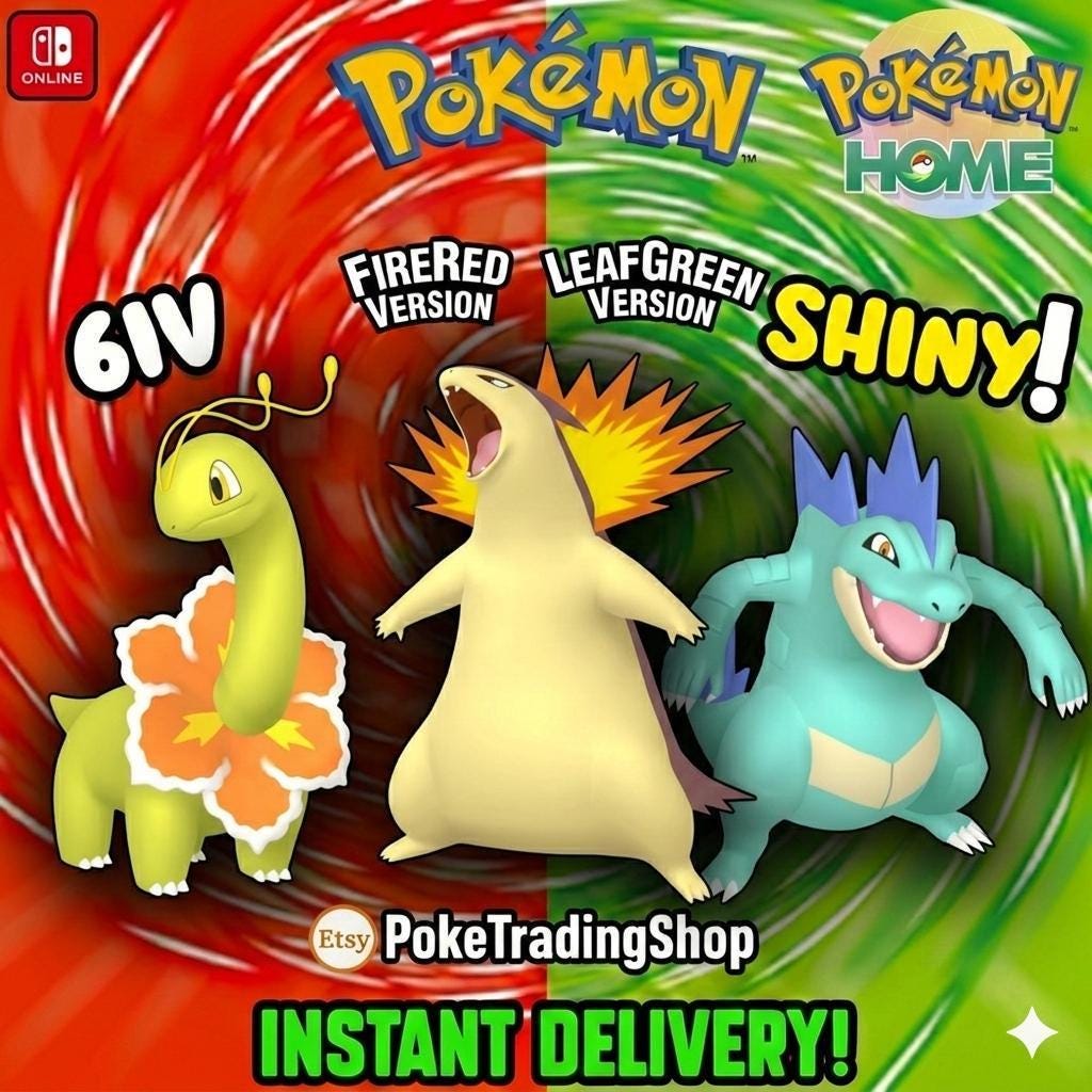 Pokémon FIRERED LEAFGREEN Authentic STARTER Evolutions Shiny Meganium Typhlosion Feraligatr Pokemon Home Transfer Switch 2 30th Anniversary - Image 1