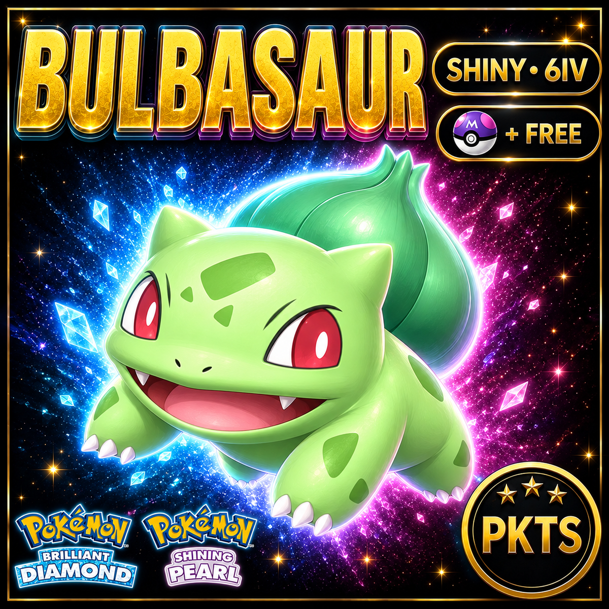 Shiny Bulbasaur for Pokémon Brilliant Diamond & Shining Pearl (BDSP), 6IV, PKTS.