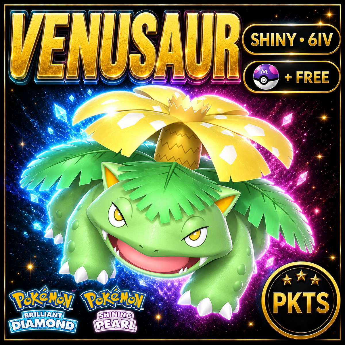 Shiny Venusaur for Pokémon Brilliant Diamond & Shining Pearl (BDSP), 6IV, PKTS.