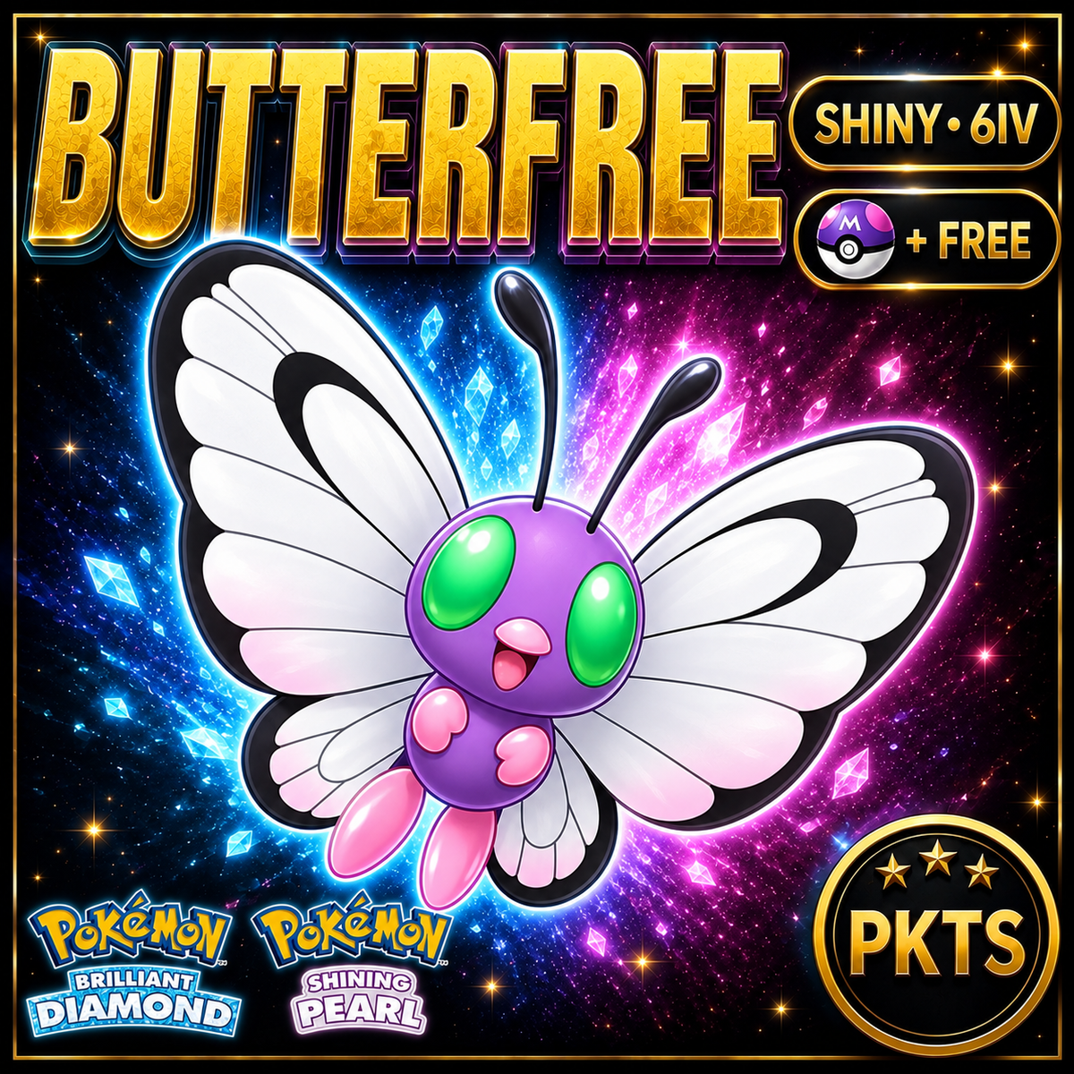 Shiny Butterfree for Pokémon Brilliant Diamond & Shining Pearl (BDSP), 6IV, PKTS.