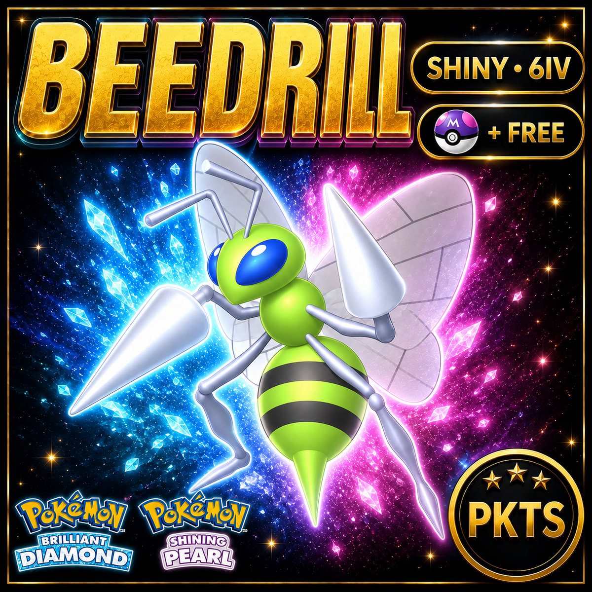 Shiny Beedrill for Pokémon Brilliant Diamond & Shining Pearl (BDSP), 6IV, PKTS.