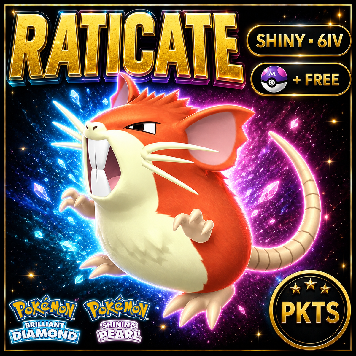 Shiny Raticate for Pokémon Brilliant Diamond & Shining Pearl (BDSP), 6IV, PKTS.
