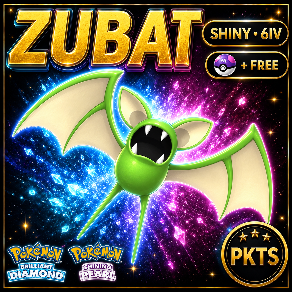 Shiny Zubat for Pokémon Brilliant Diamond & Shining Pearl (BDSP), 6IV, PKTS.