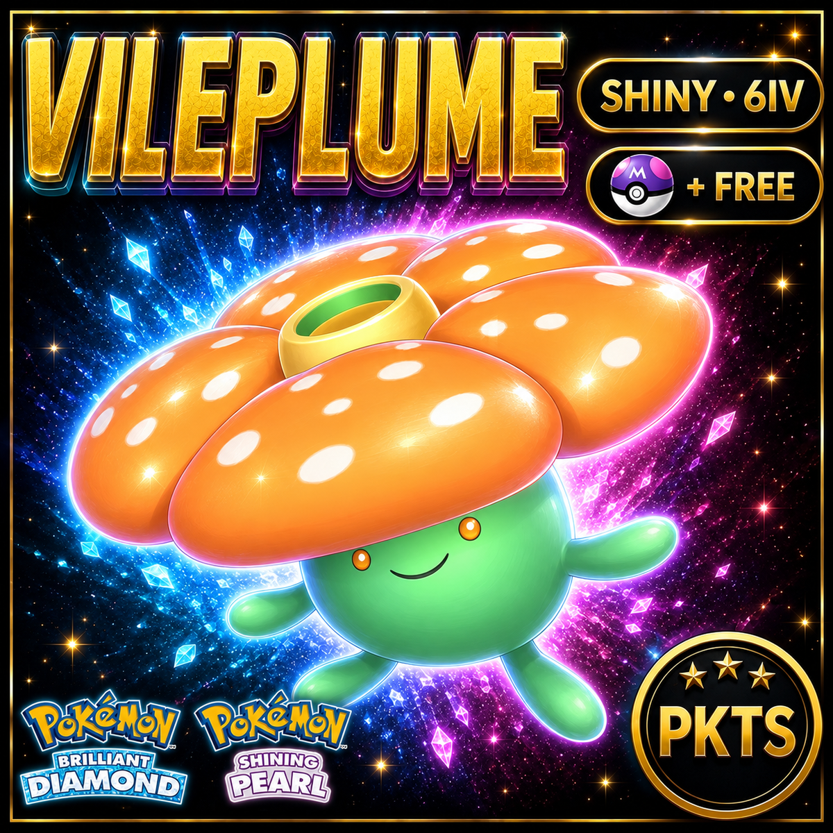Shiny Vileplume for Pokémon Brilliant Diamond & Shining Pearl (BDSP), 6IV, PKTS.