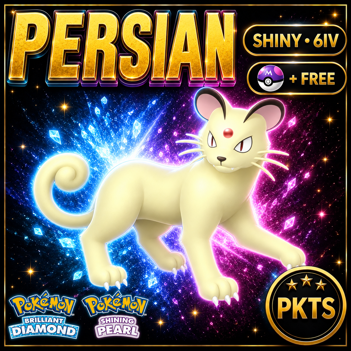 Shiny Persian for Pokémon Brilliant Diamond & Shining Pearl (BDSP), 6IV, PKTS.