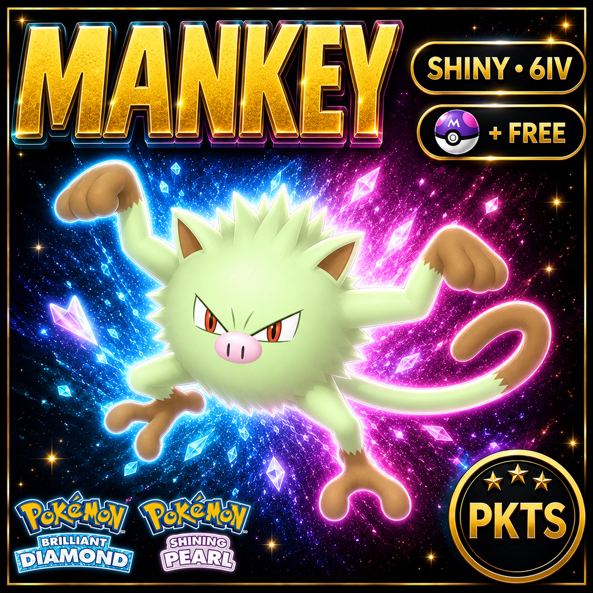 Shiny Mankey for Pokémon Brilliant Diamond & Shining Pearl (BDSP), 6IV, PKTS.