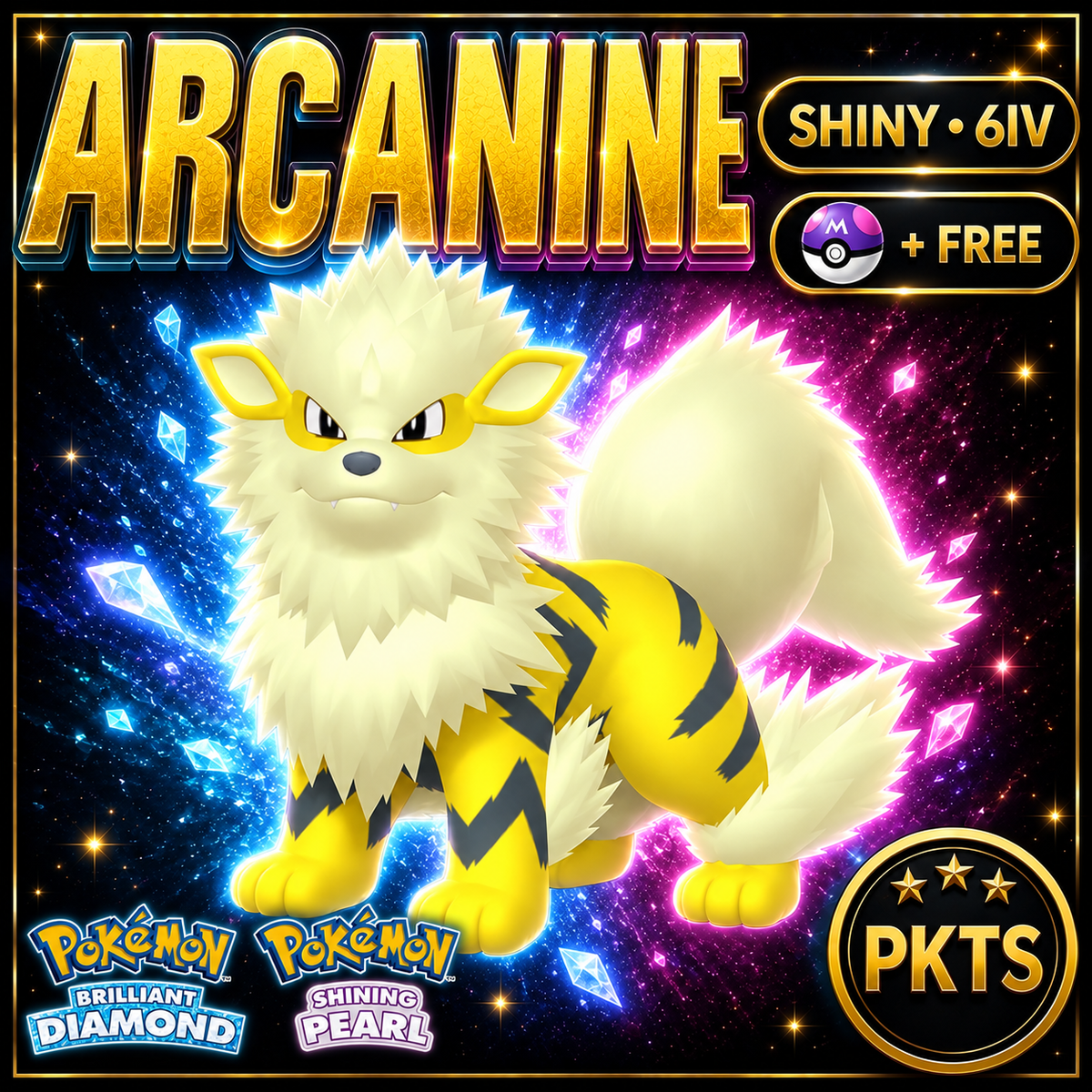 Shiny Arcanine for Pokémon Brilliant Diamond & Shining Pearl (BDSP), 6IV, PKTS.