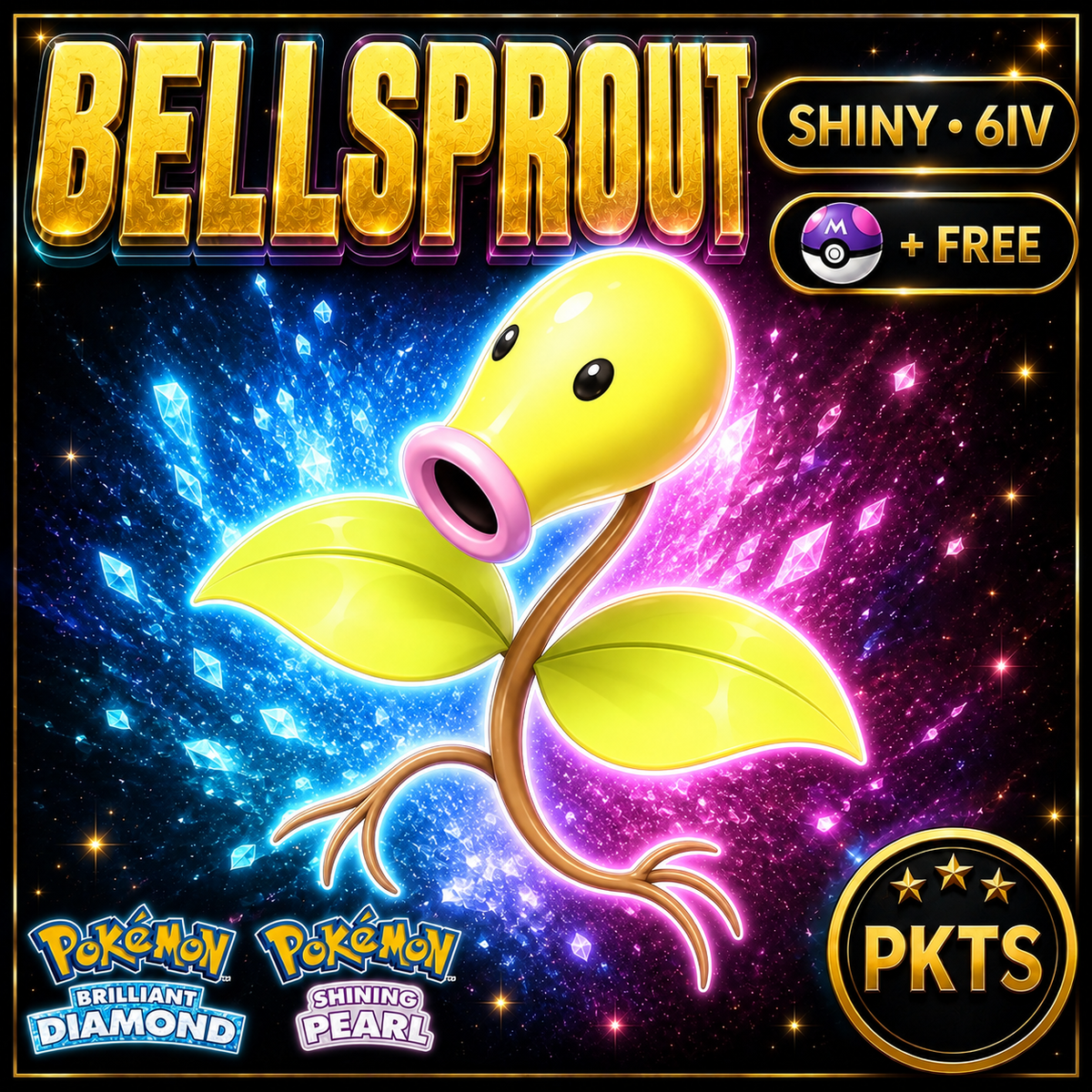 Shiny Bellsprout for Pokémon Brilliant Diamond & Shining Pearl (BDSP), 6IV, PKTS.