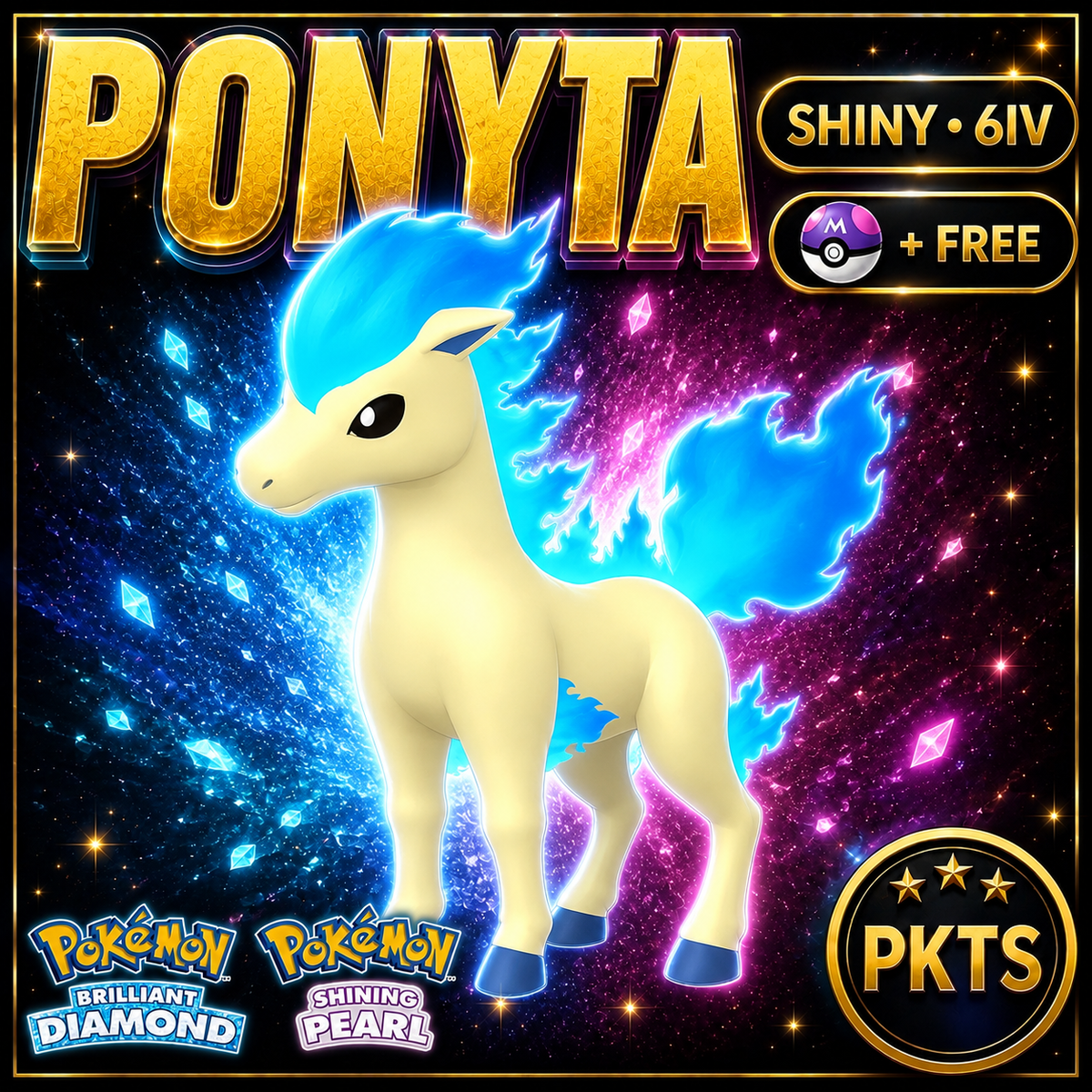 Shiny Ponyta for Pokémon Brilliant Diamond & Shining Pearl (BDSP), 6IV, PKTS.